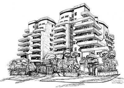 Hand drawn renderings of commercial properties